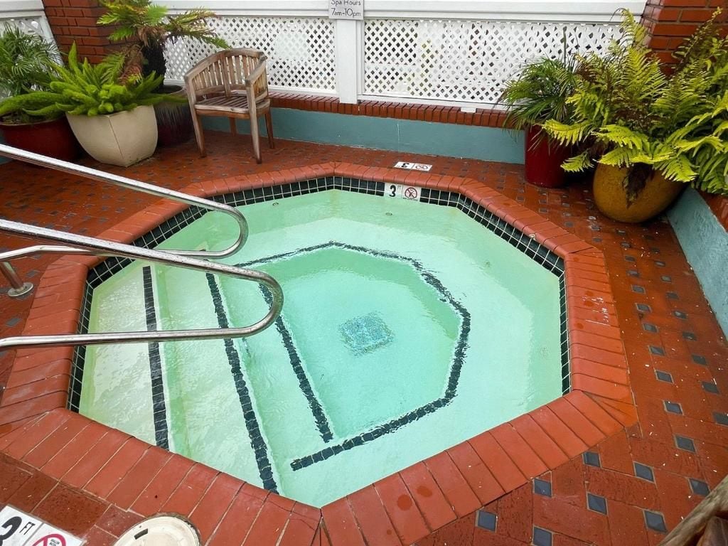 A small indoor pool with a tiled edge, surrounded by potted plants and a chair.