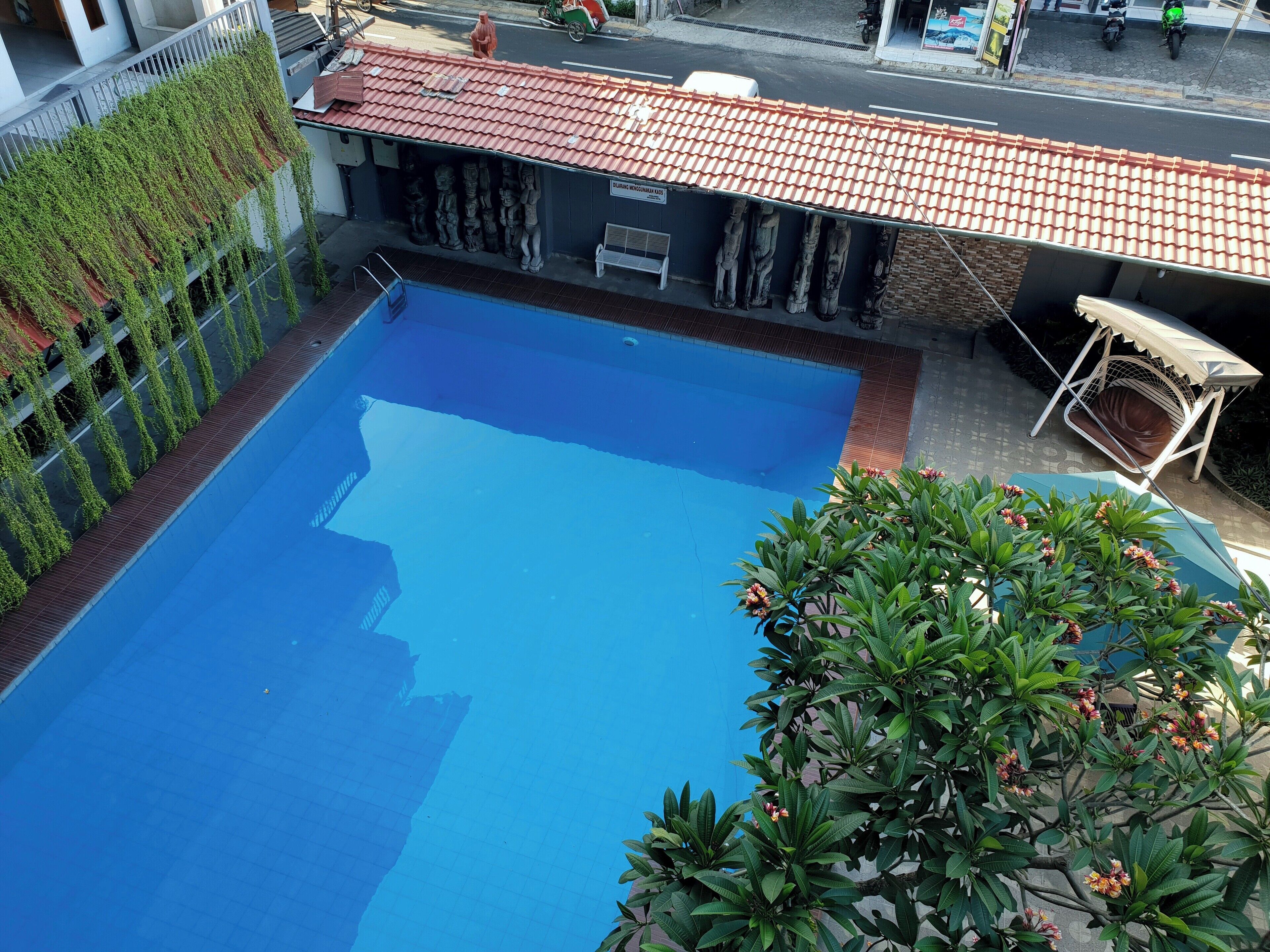A swimming pool with a tiled deck, surrounded by greenery and statues.