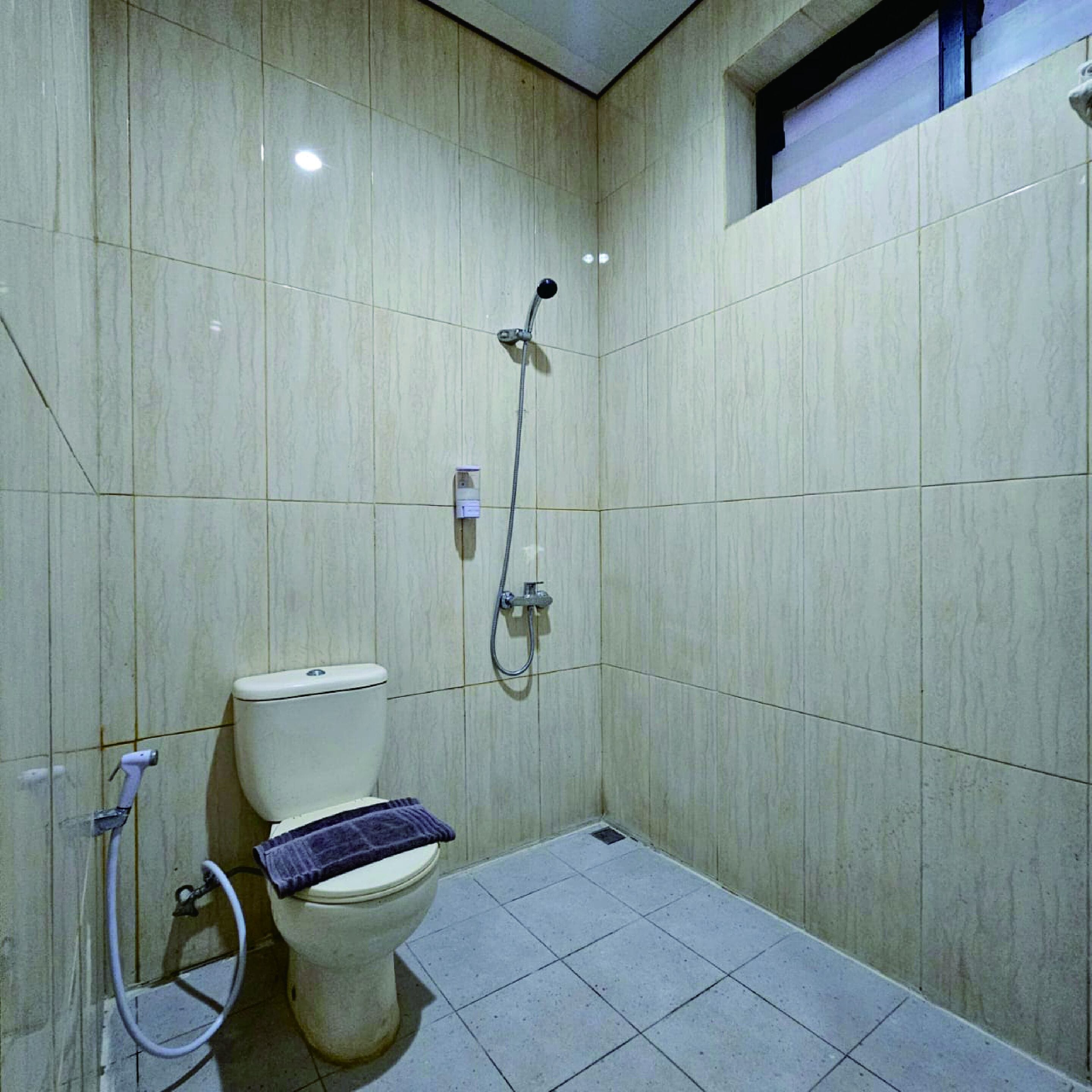 Un baño pequeño con inodoro, ducha y perchero.