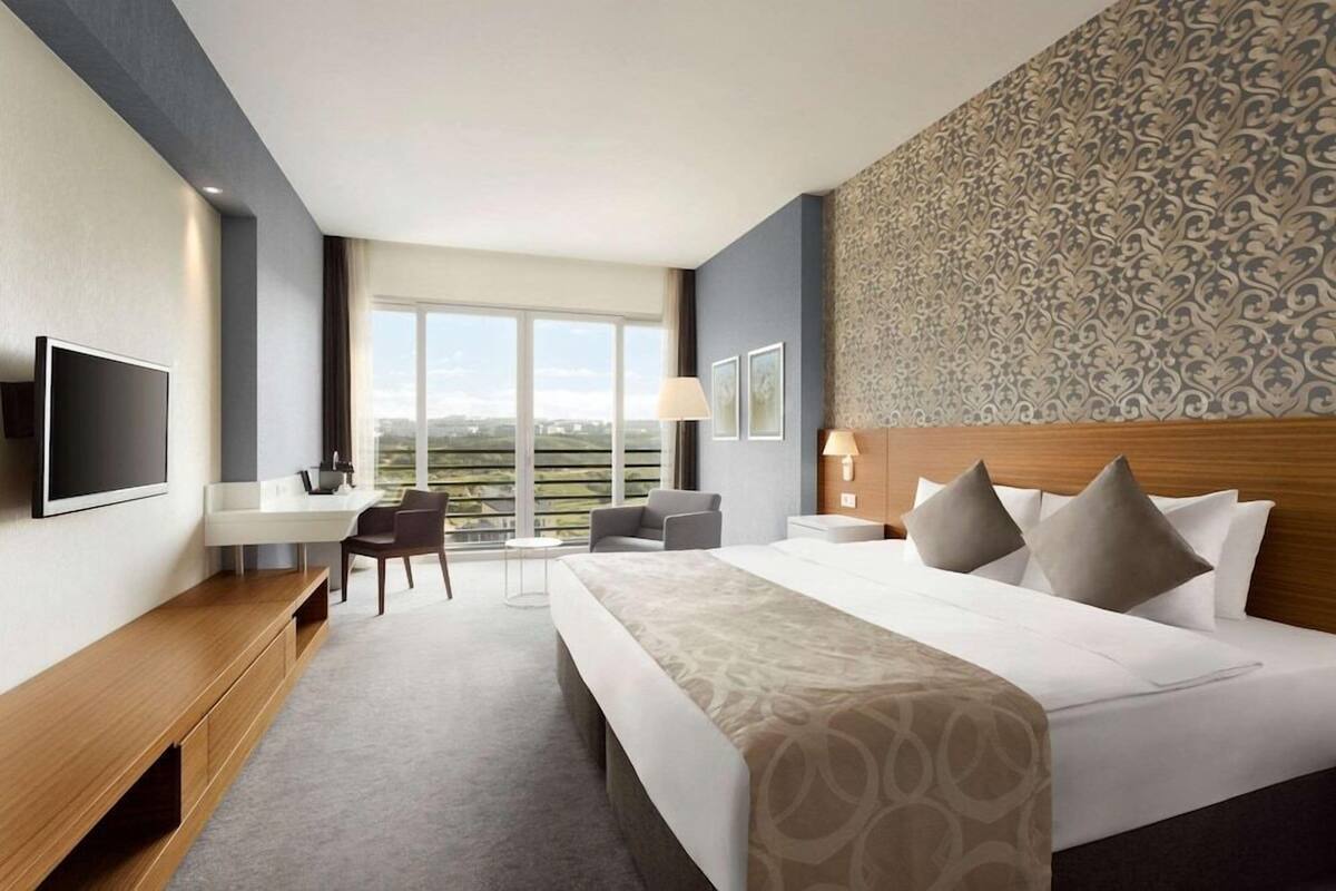 A hotel room with a bed, desk, chair, TV, and a view of the city.