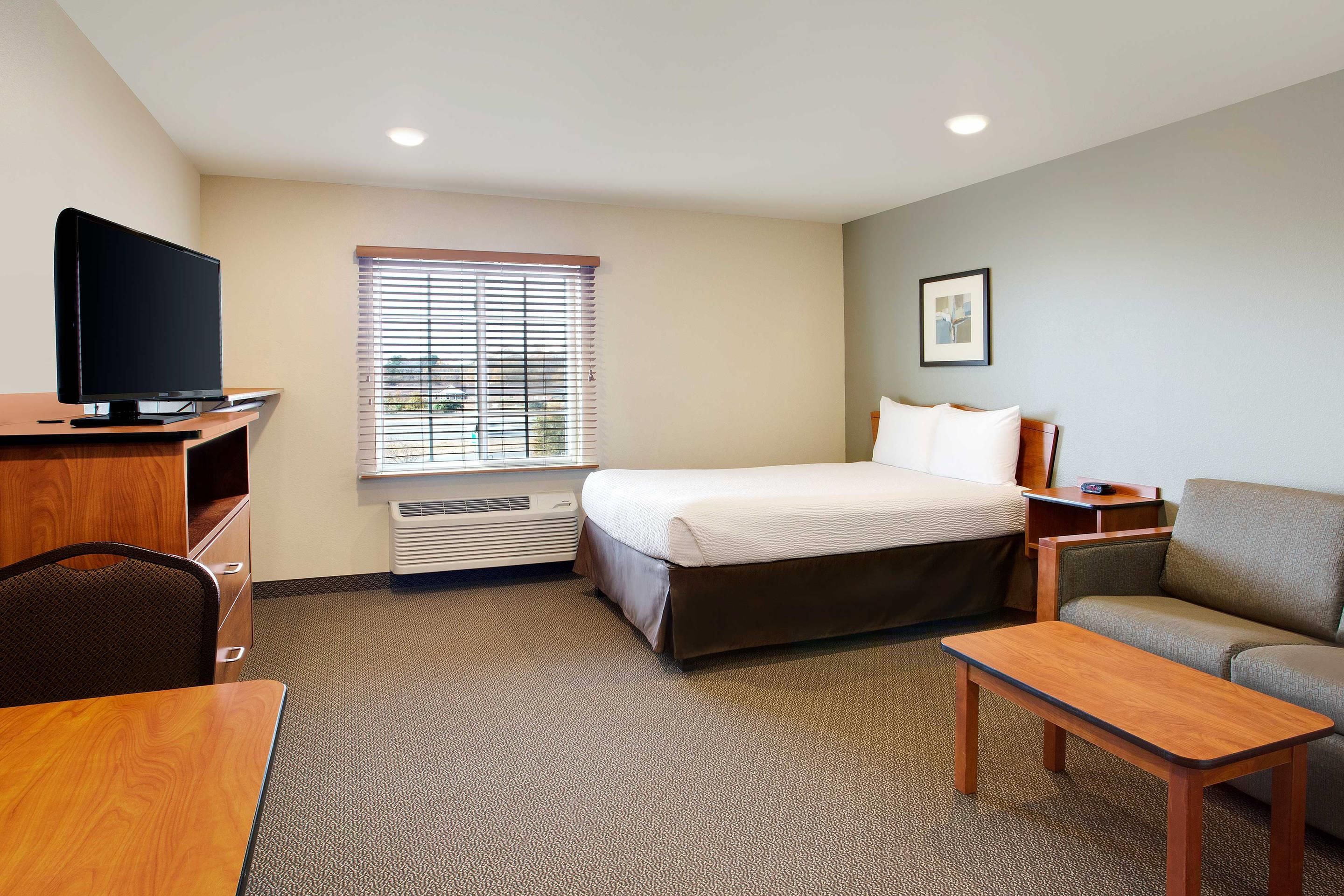 A hotel room with a bed, a desk with a television, a sofa, and a chair.