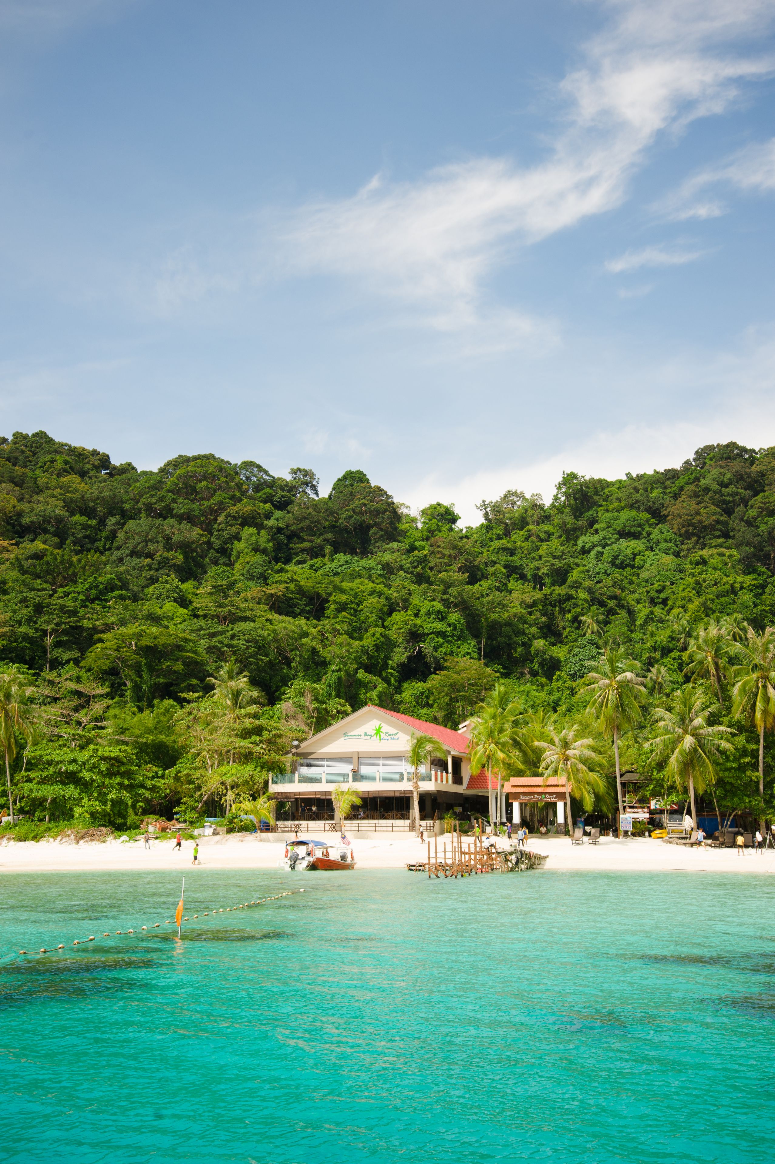 On the beach, white sand, sun-loungers, scuba diving