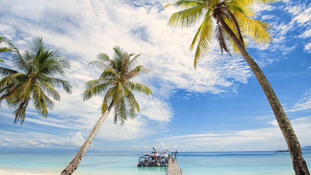 A beach with a wooden pier, palm trees, and a clear blue sky. - Summer Bay Resort, Lang Tengah Island (Lang Tengah Island)
