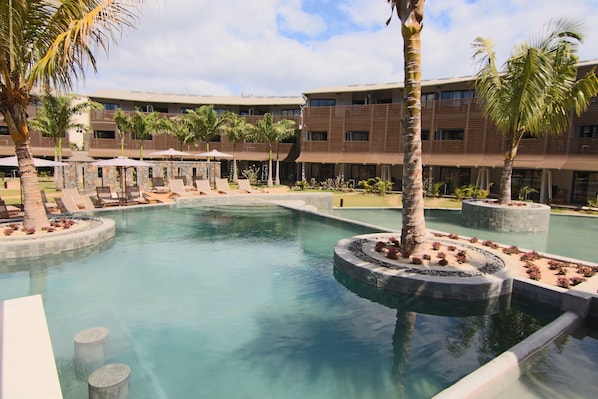 Outdoor pool, pool umbrellas, pool loungers
