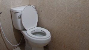 A bathroom with a toilet, a blue basin, and a wall-mounted soap dispenser. - Lucky House Dorm Room - Hostel (Ko Phi Phi)