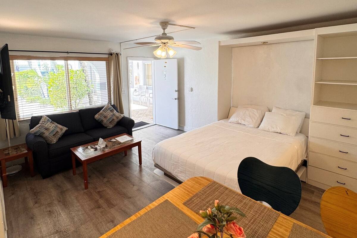 Une chambre d’hôtel équipée d’un lit, d’un canapé, d’une table basse, d’une télévision et d’un ventilateur de plafond.