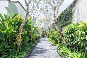 Un sendero estrecho bordeado por abundante vegetación y árboles, que conduce a un edificio con fachada blanca.