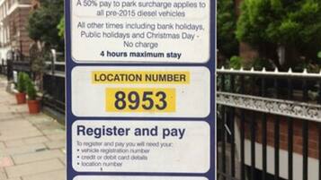 A ParkRight parking sign with location number 8953, detailing chargeable hours and rates for Zone F.