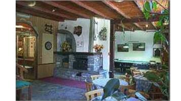 A cozy living room with a fireplace, a dining area, and a kitchen.