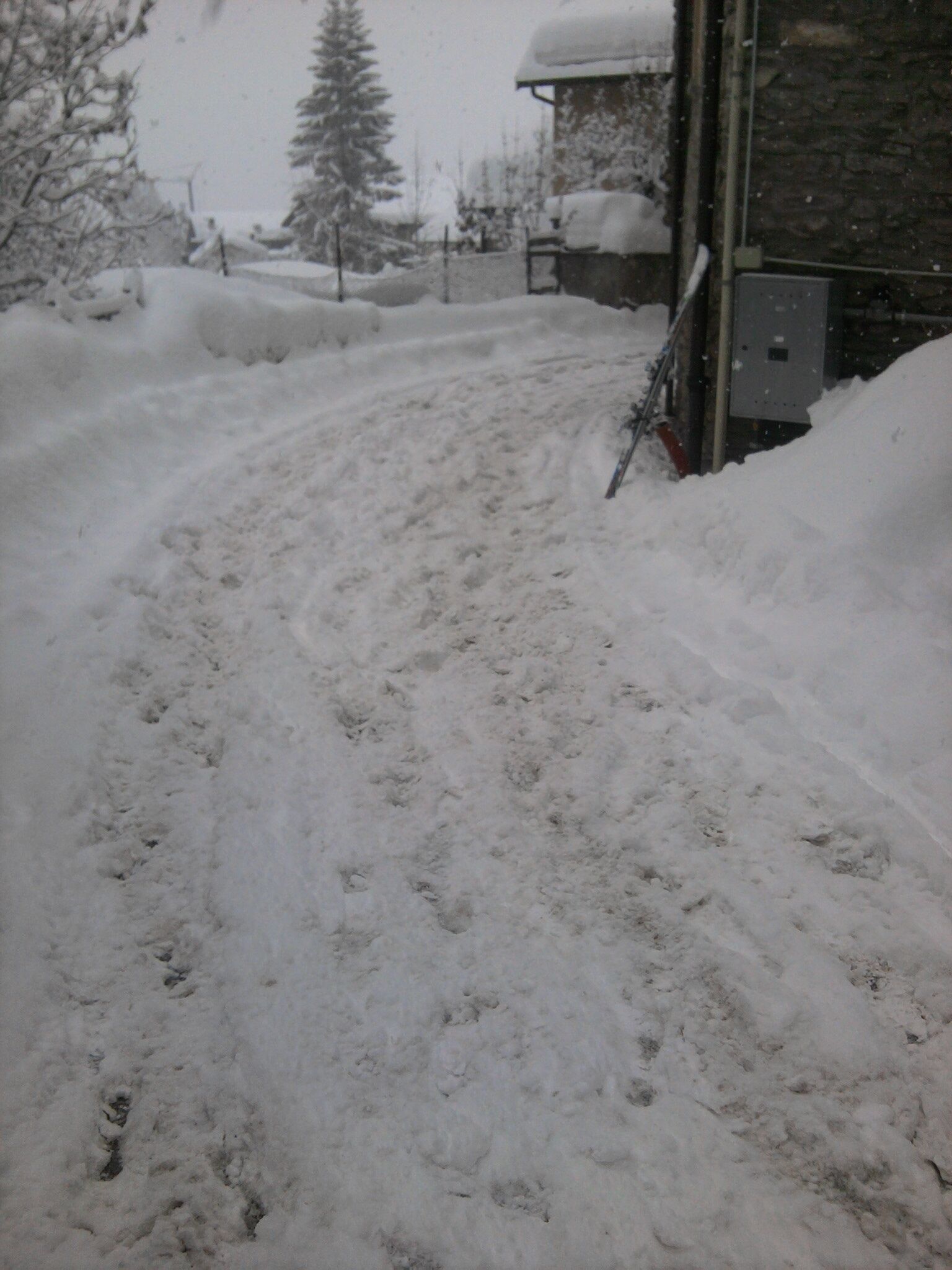 A snowy path leading to a building with a stone facade and a metal door.