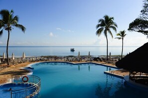 Outdoor pool, pool umbrellas, pool loungers