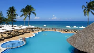 Outdoor pool, pool umbrellas, pool loungers