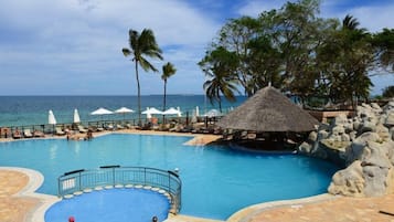 Outdoor pool, pool umbrellas, pool loungers