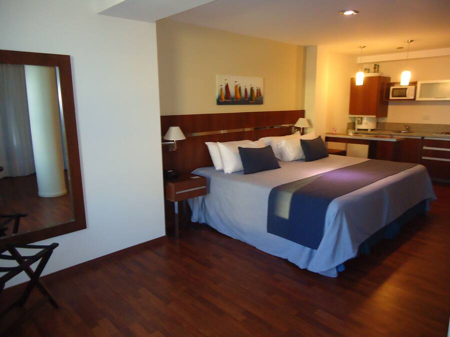 Habitació d'hotel amb un llit gran, una tauleta de nit, un escriptori, una cadira, un mirall, un quadre, un microones i un rentaplat.