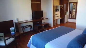 Una habitación de hotel con una cama, un escritorio, un televisor y un armario.