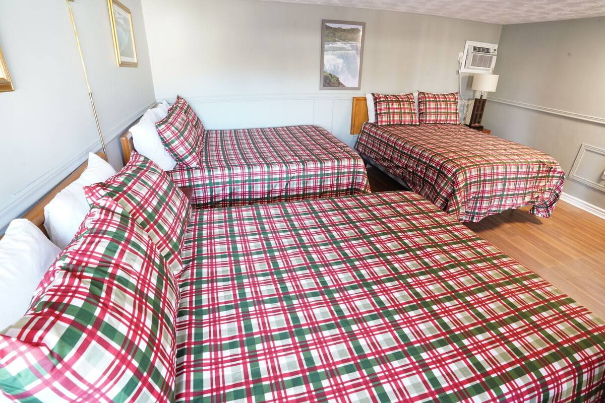 A hotel room with two beds, each covered with plaid bedding. There is a wall-mounted air conditioning unit and a framed picture above the beds.