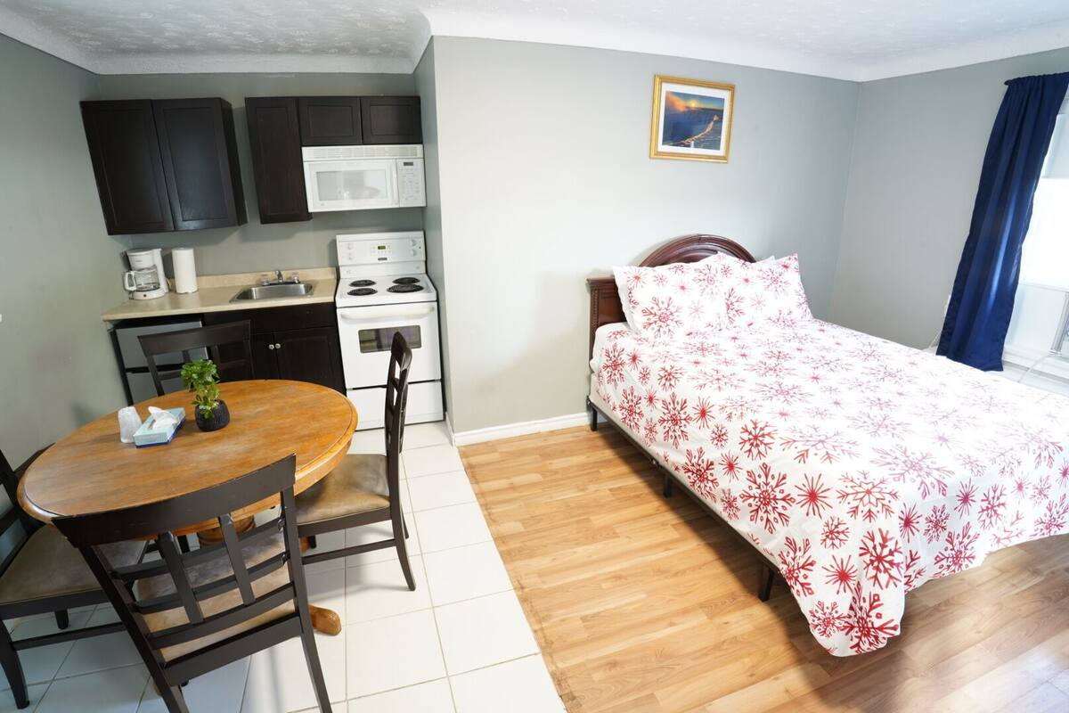 A compact room with a kitchenette, a bed with a red and white snowflake bedspread, a dining table with chairs, and a small potted plant.