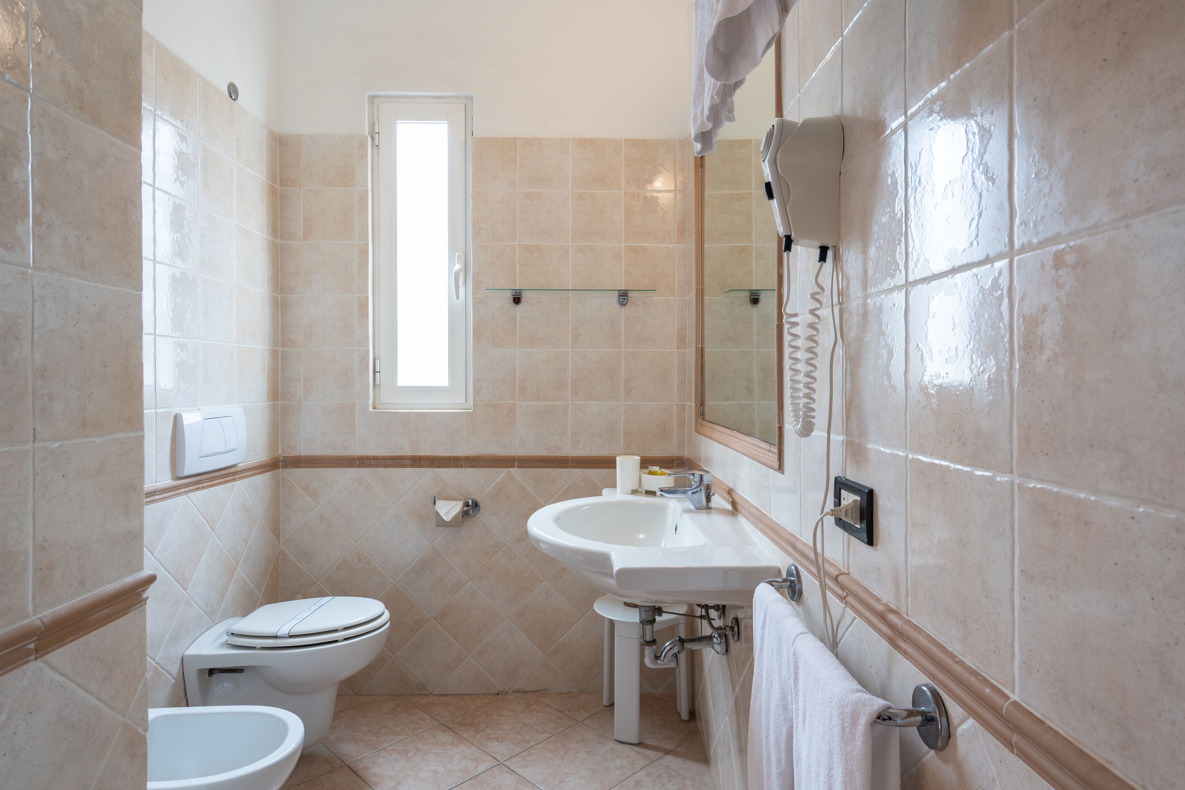 shower, hair dryer, bidet, towels