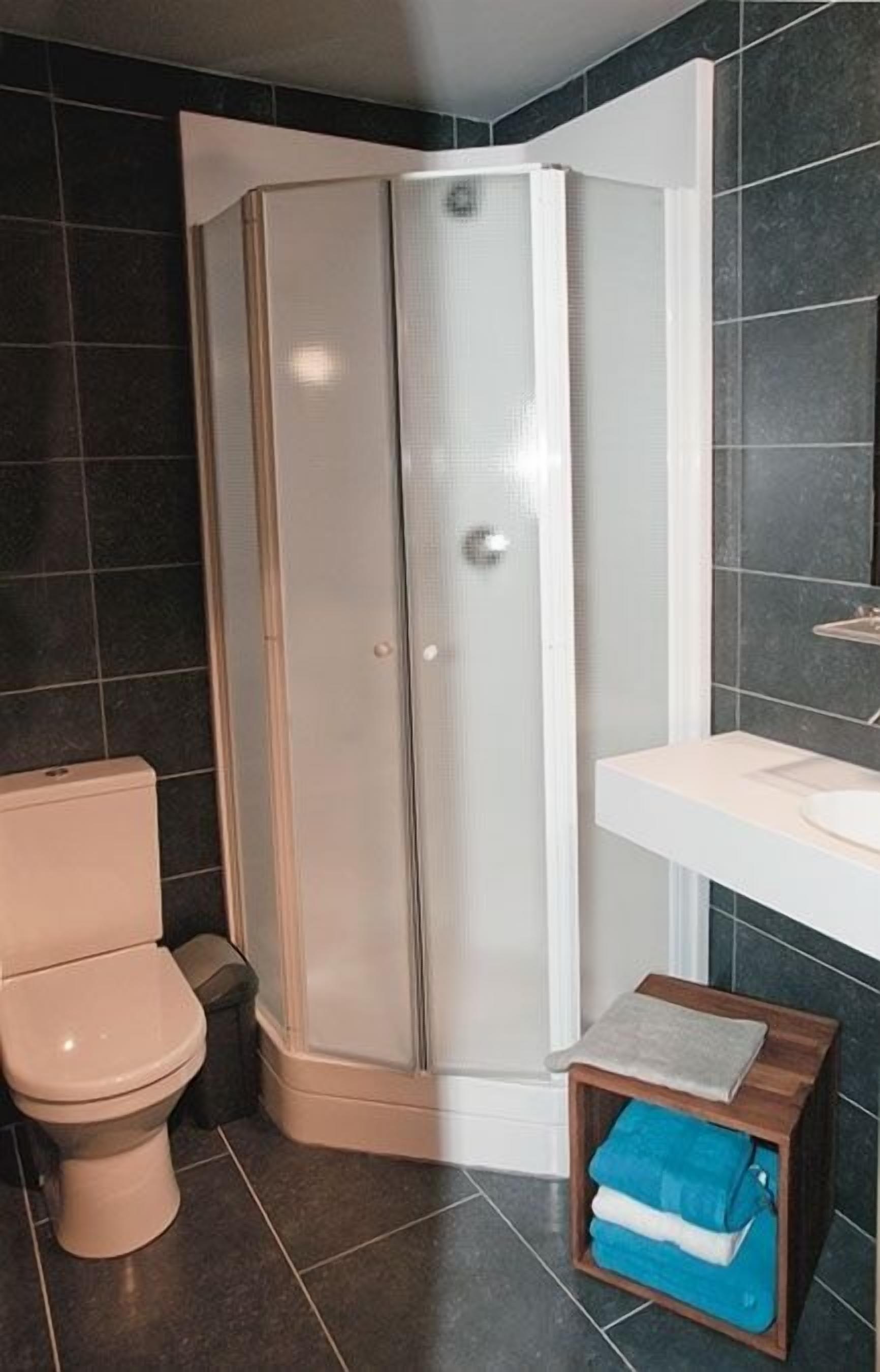 Une salle de bain comprenant des toilettes, un espace douche et un lavabo avec un miroir.