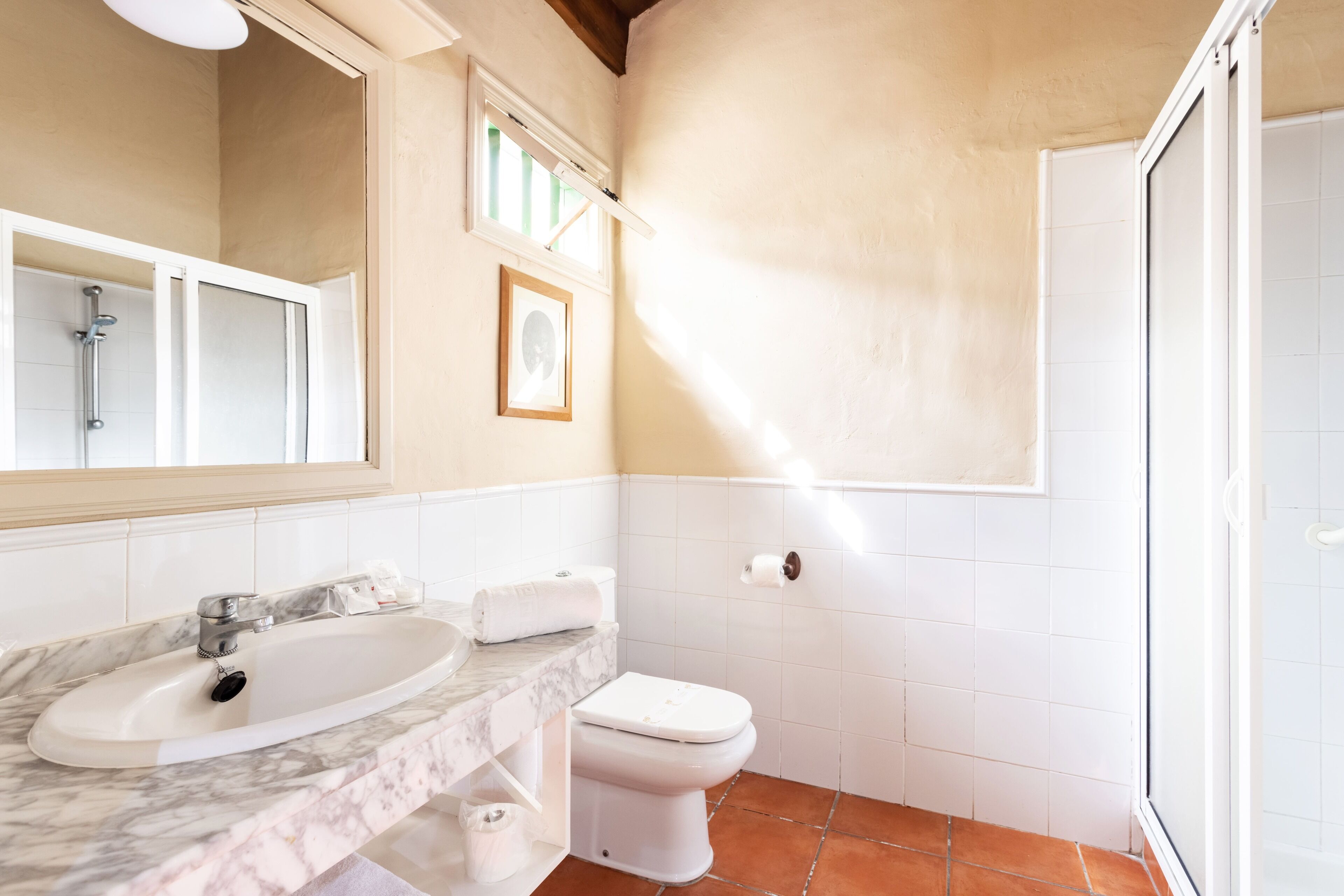 double room, annex building (bananera) | bathroom | shower, free toiletries, hair dryer, towels