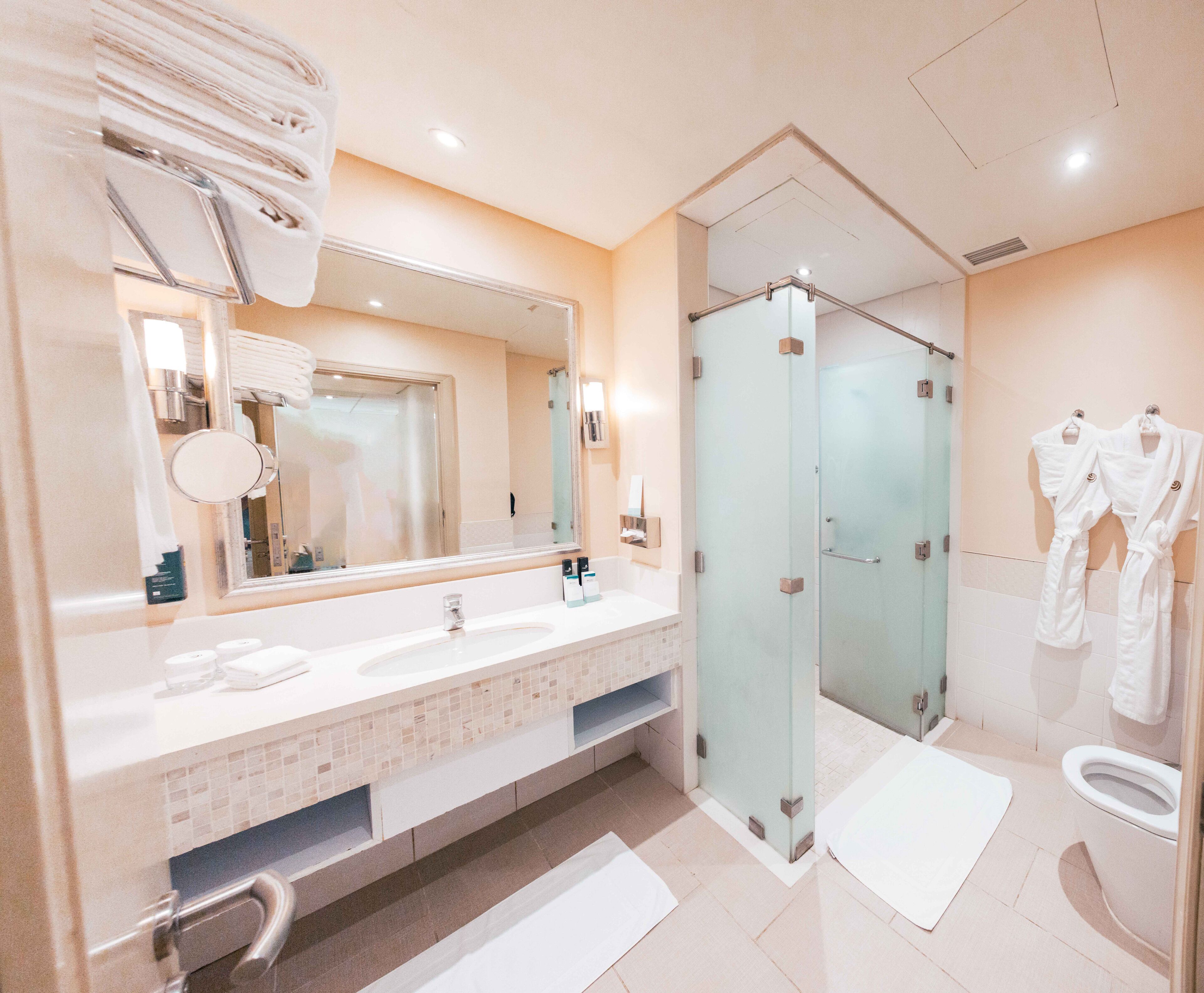 A modern bathroom with a large mirror, dual sinks, a glass shower enclosure, and a toilet.