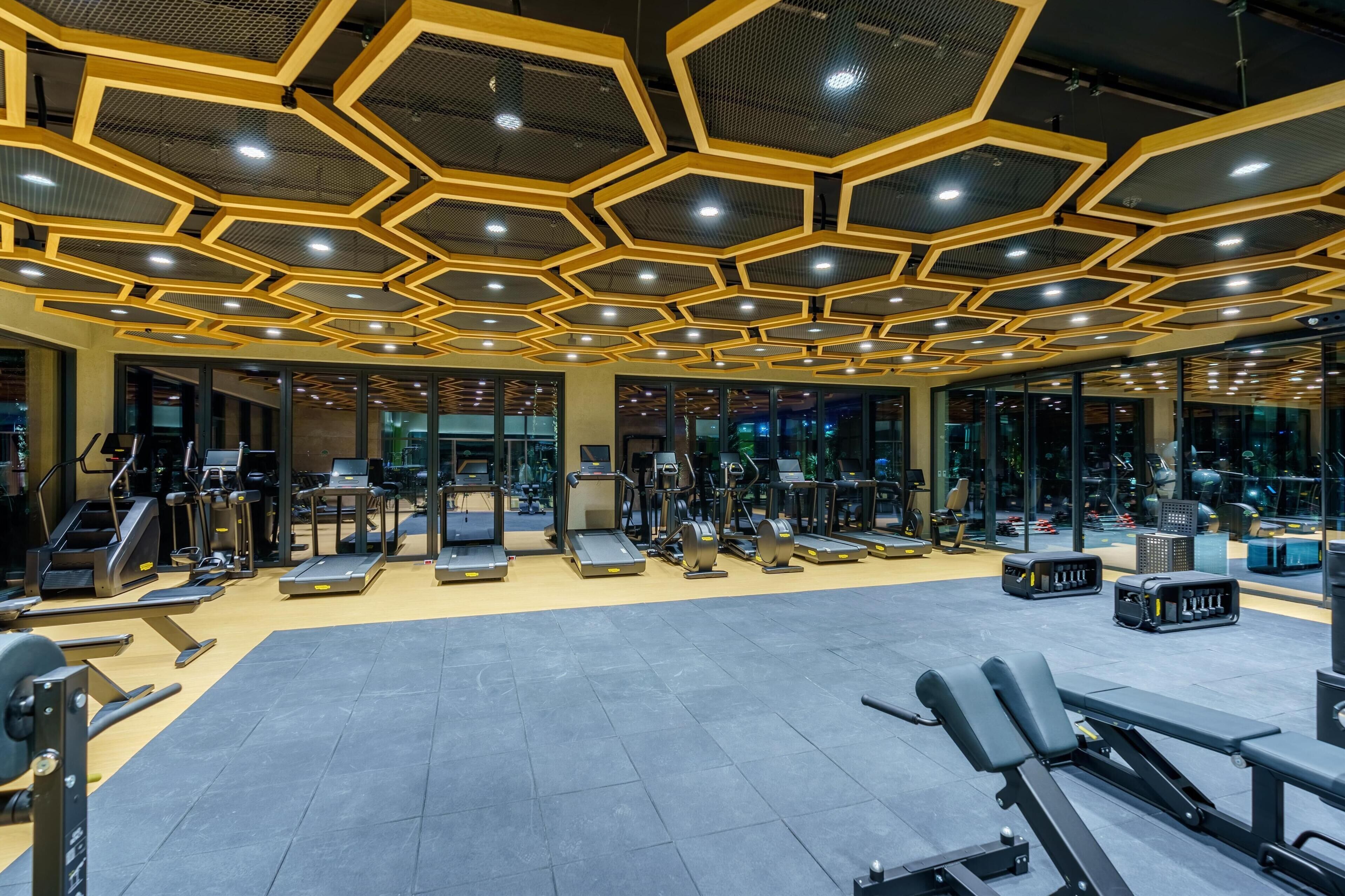A gym with hexagonal ceiling patterns, exercise equipment, and large windows.