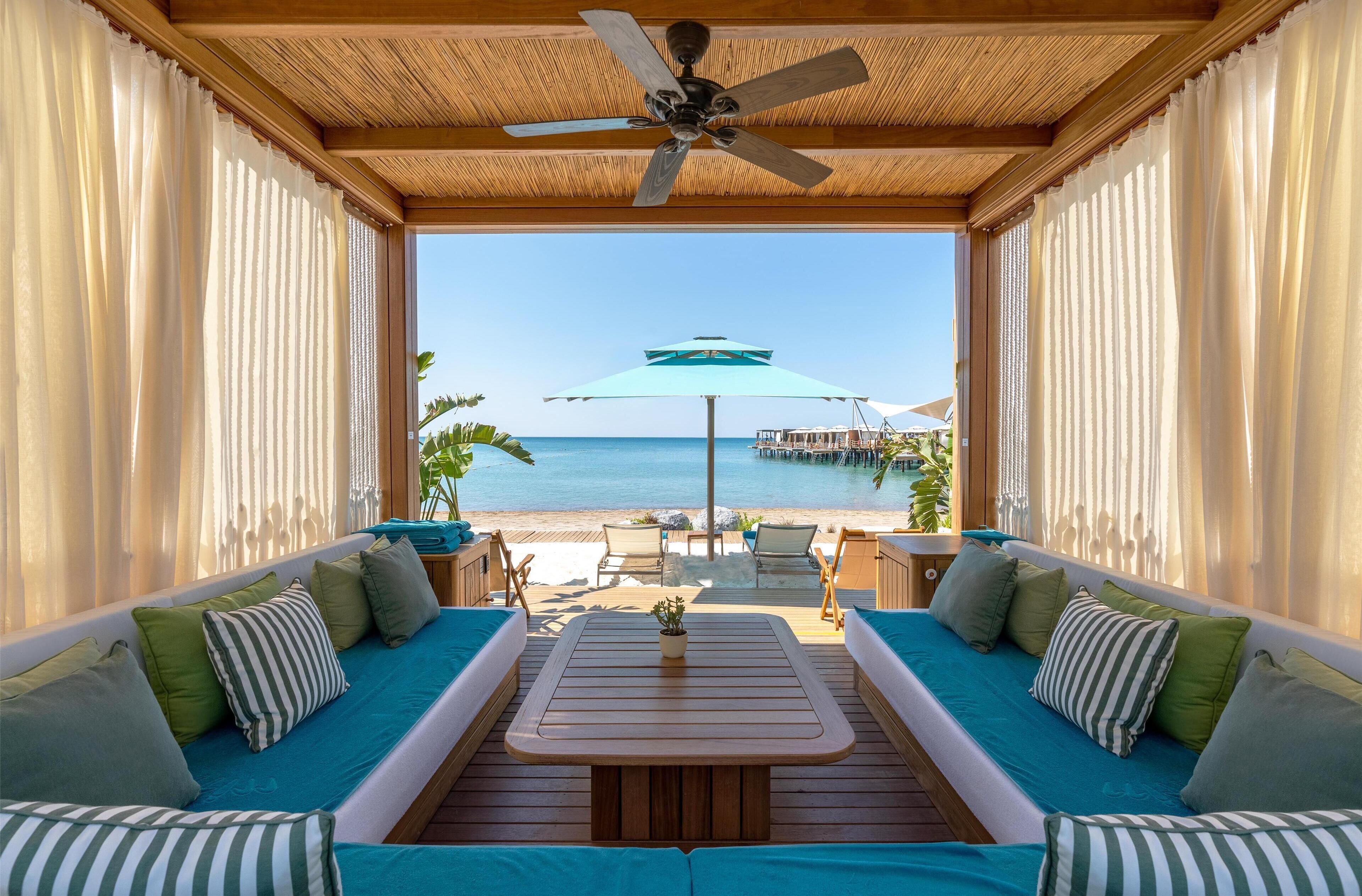 Private beach, white sand, beach cabanas, sun loungers