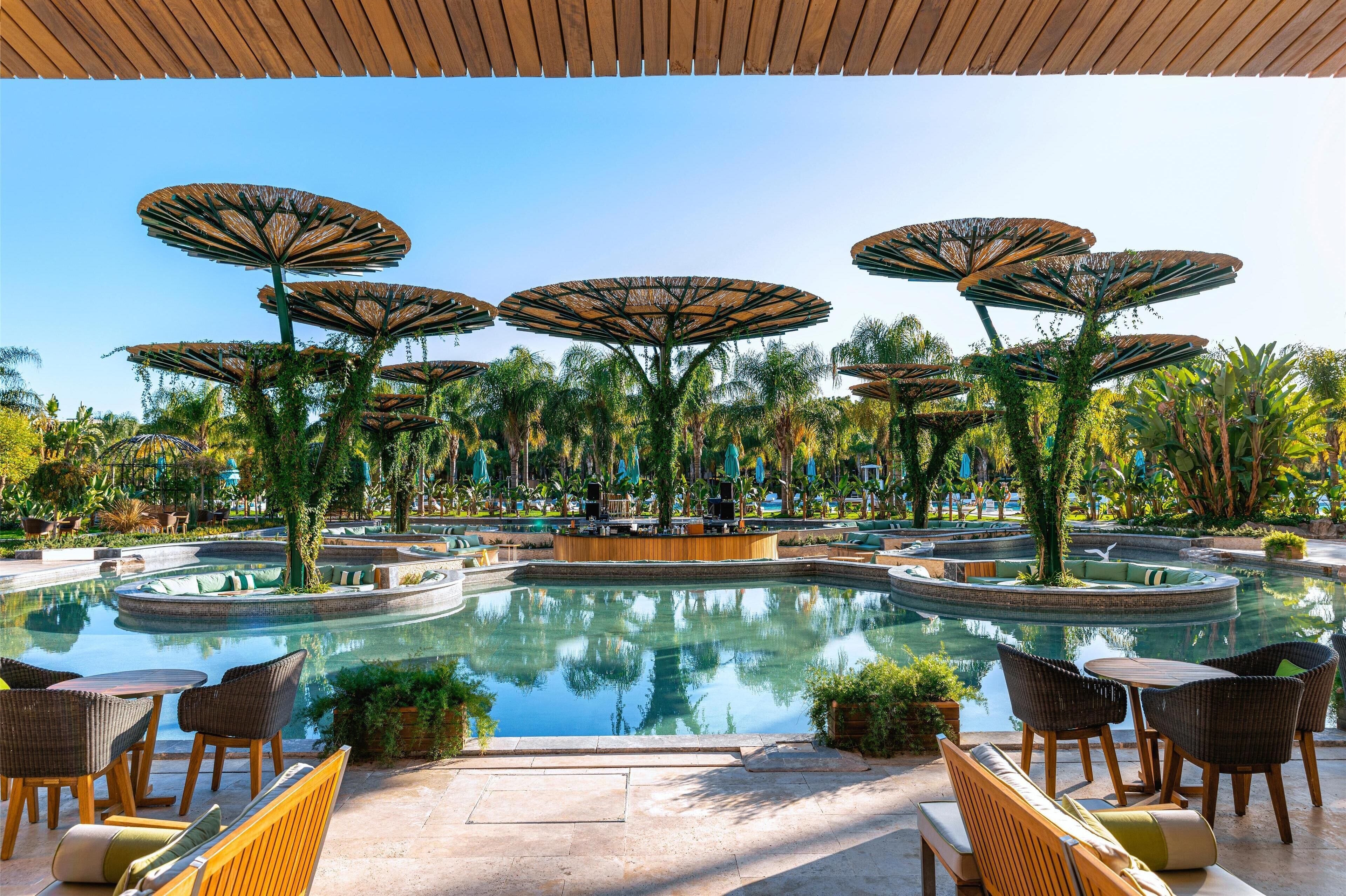 A pool area with multiple lounge chairs and umbrellas, surrounded by palm trees and a central water feature.