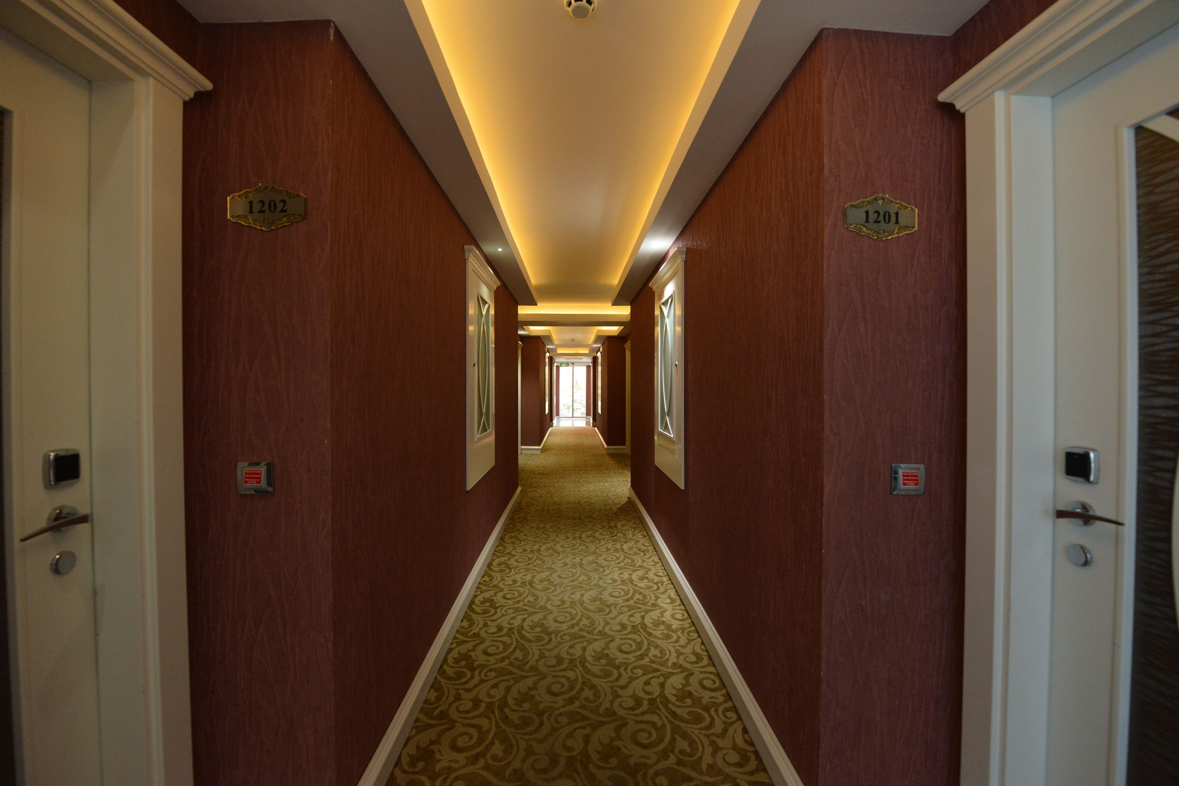 A hotel hallway with a patterned carpet, wooden walls, and doors numbered 1202 and 1201.