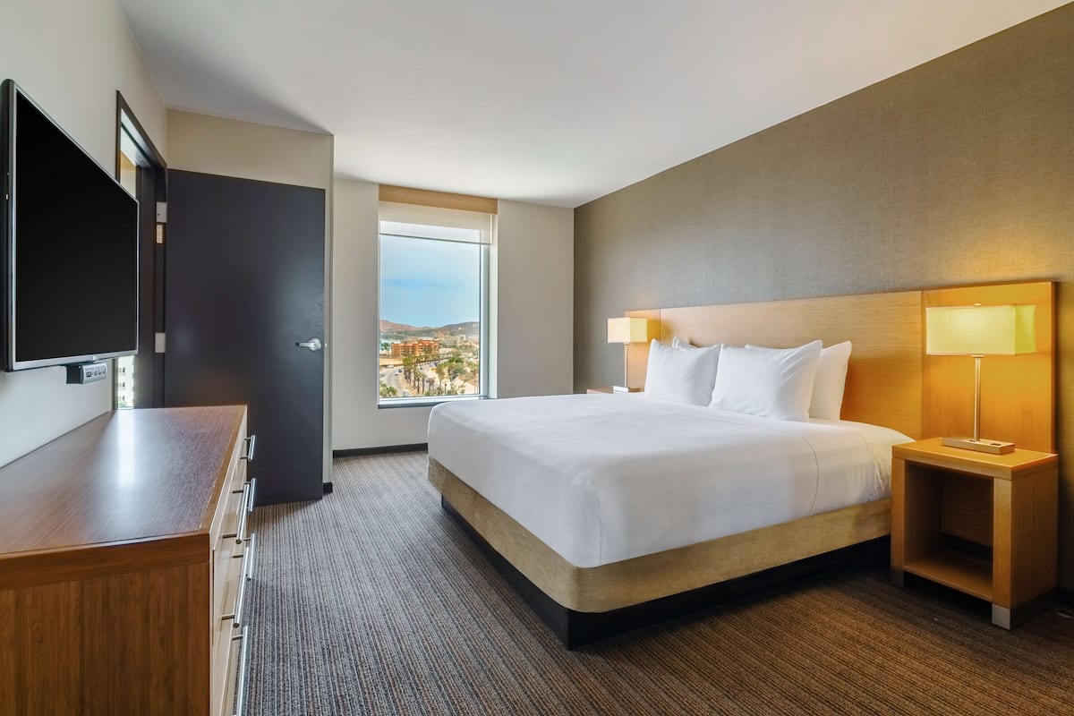 A hotel room with a large bed, a TV, a desk, a nightstand with a lamp, and a window with a view of buildings.