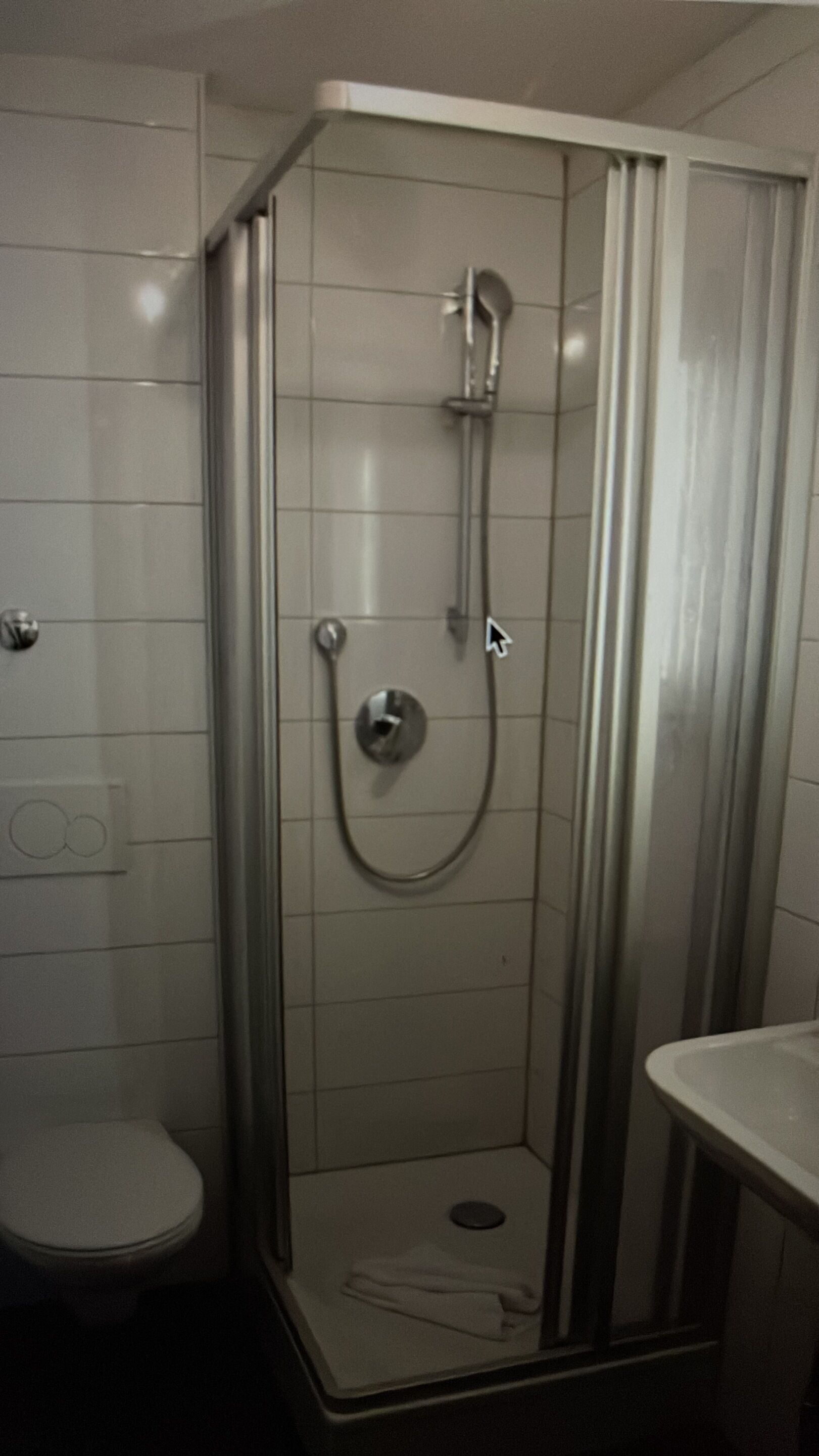Een douchecabine met glazen deur, toilet en wastafel.