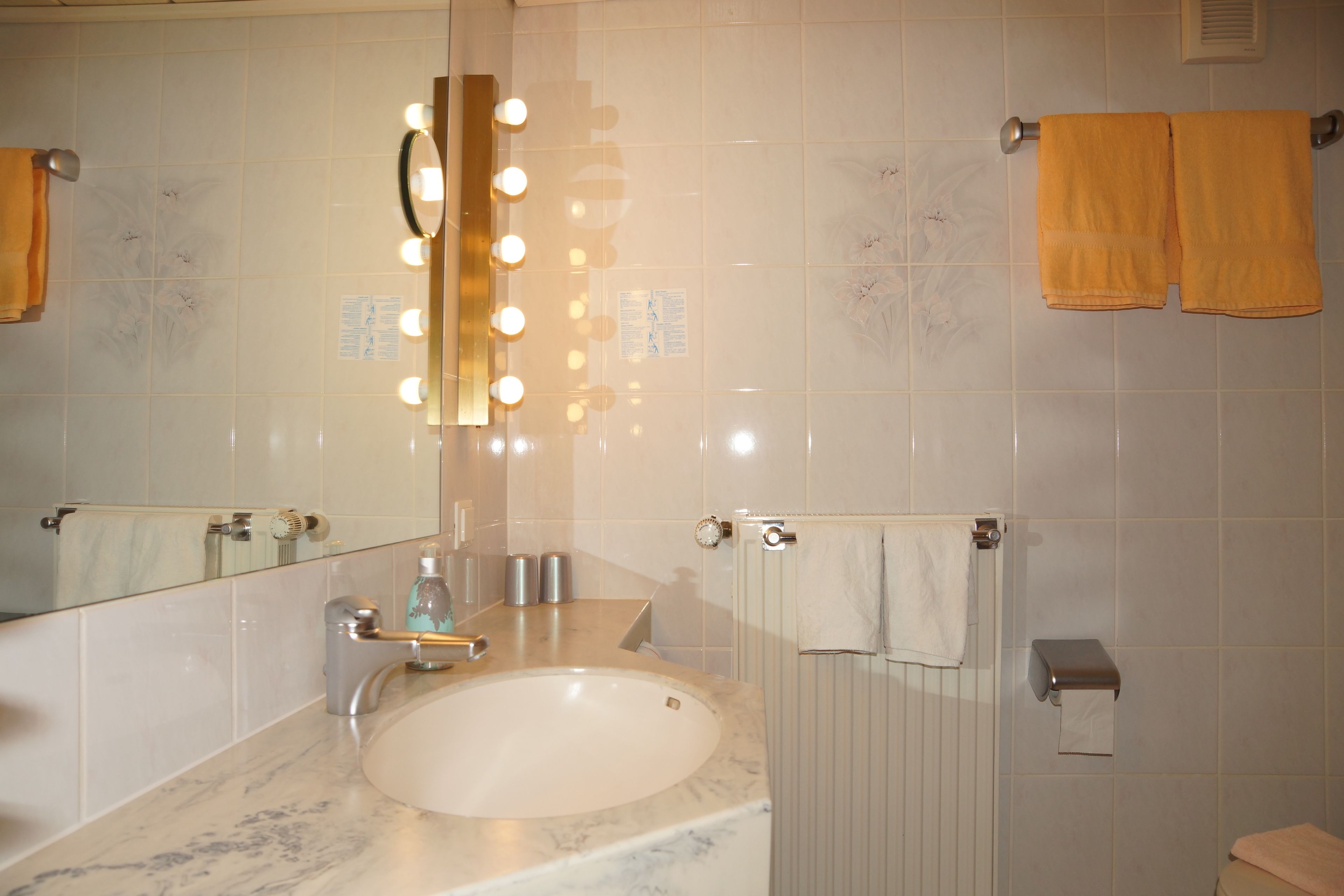 A bathroom with a sink, mirror, lights, towel rack, and toilet paper dispenser.