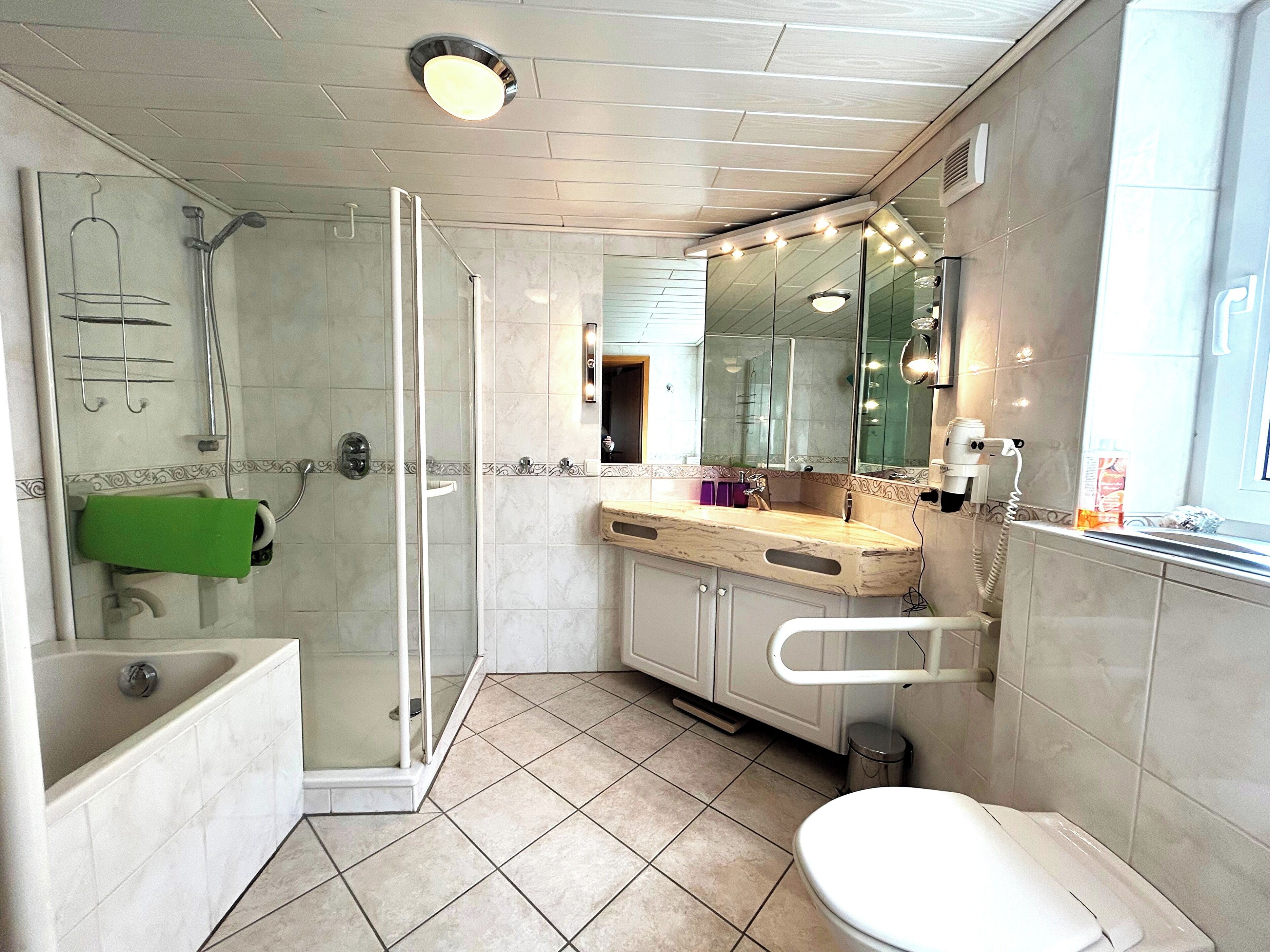 Un baño moderno con ducha envuelta en vidrio, una bañera, tocador con espejo y un inodoro.