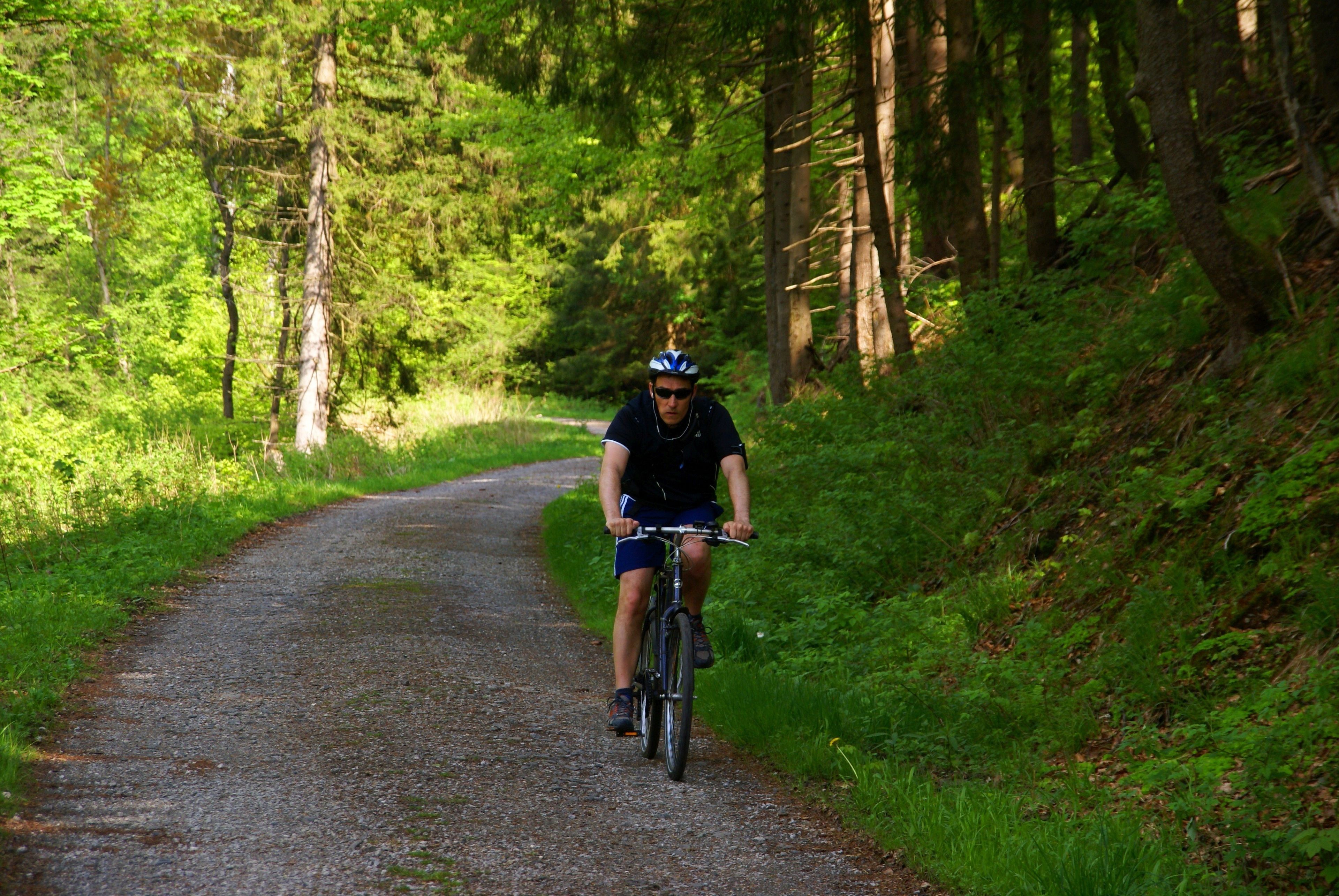 A person riding a bicycle on a gravel path surrounded by dense green forest.