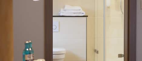 Shower, hair dryer, towels