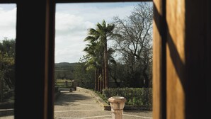 A view through a window of a paved pathway leading to a fountain, surrounded by trees and a distant hill. - Finca Can Estades (Calvia)