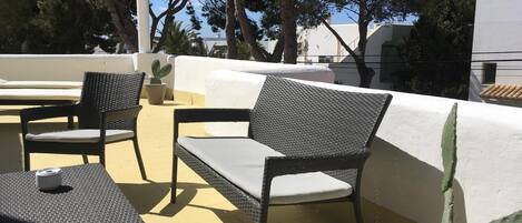 Un área de estar al aire libre con muebles de mimbre y una planta de cactus.