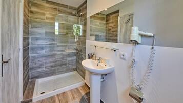 Shower, hair dryer, towels