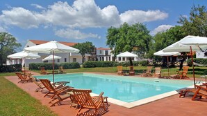 A swimming pool with lounge chairs and umbrellas, surrounded by greenery and buildings. - Hotel Su Baione (Abbasanta)