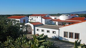 A cluster of white buildings with red roofs, surrounded by greenery and a clear blue sky. - Hotel Su Baione (Abbasanta)