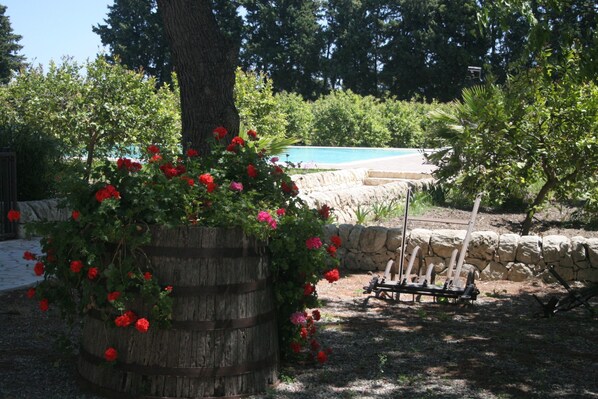 A wooden barrel planter with red flowers, a stone wall, and a bench in a garden setting. - Agriturismo Chiusa di Carlo (Avola)