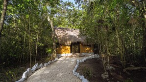 A thatched-roof building surrounded by dense forest. - Jolie Jungle Eco Hotel (Leona Vicario)