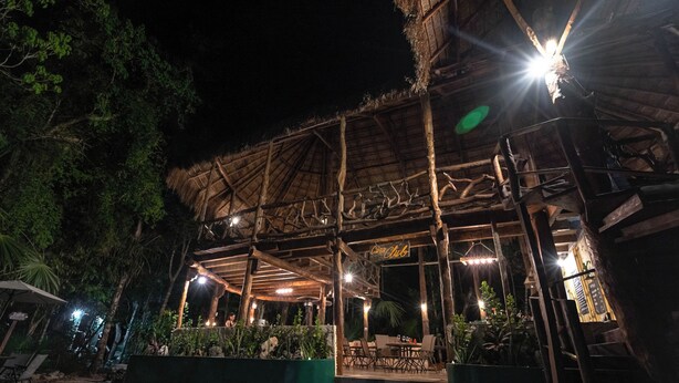 An outdoor patio area with a thatched roof structure, seating arrangements, and potted plants. - Jolie Jungle Eco Hotel (Leona Vicario)