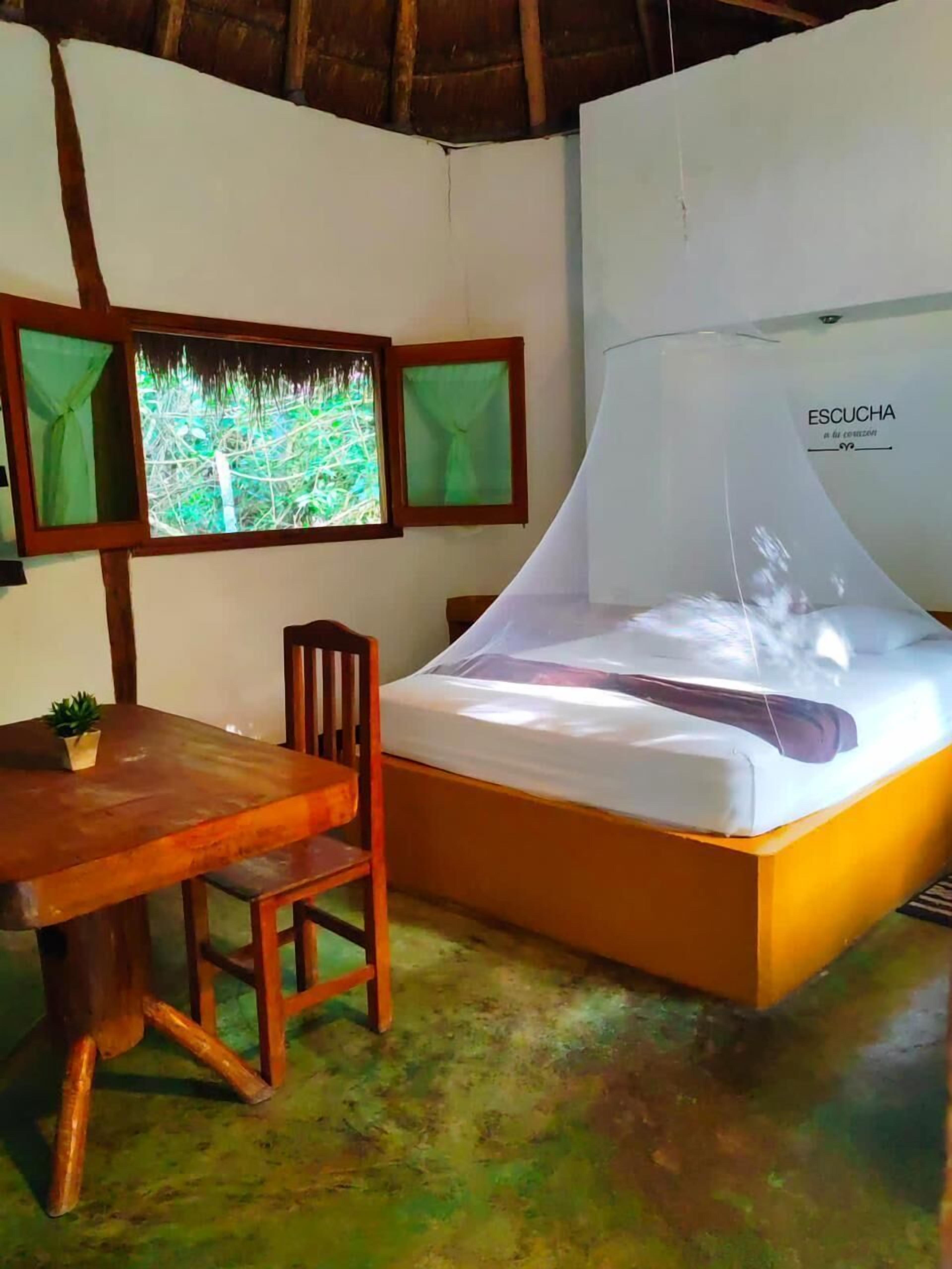 Una cama individual con mosquitera, una silla de madera, una mesita con una planta y dos cuadros en la pared.