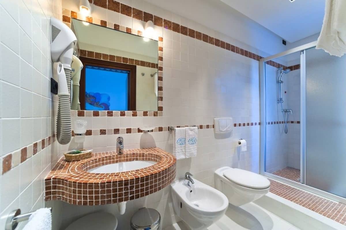 Shower, rainfall showerhead, free toiletries, hair dryer