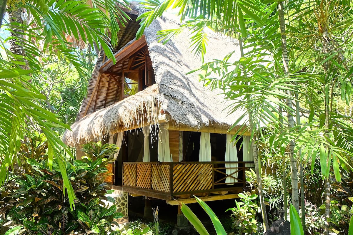 A thatched-roof bungalow surrounded by lush tropical foliage.