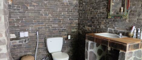 A bathroom with a stone sink, a toilet, and a mirror.