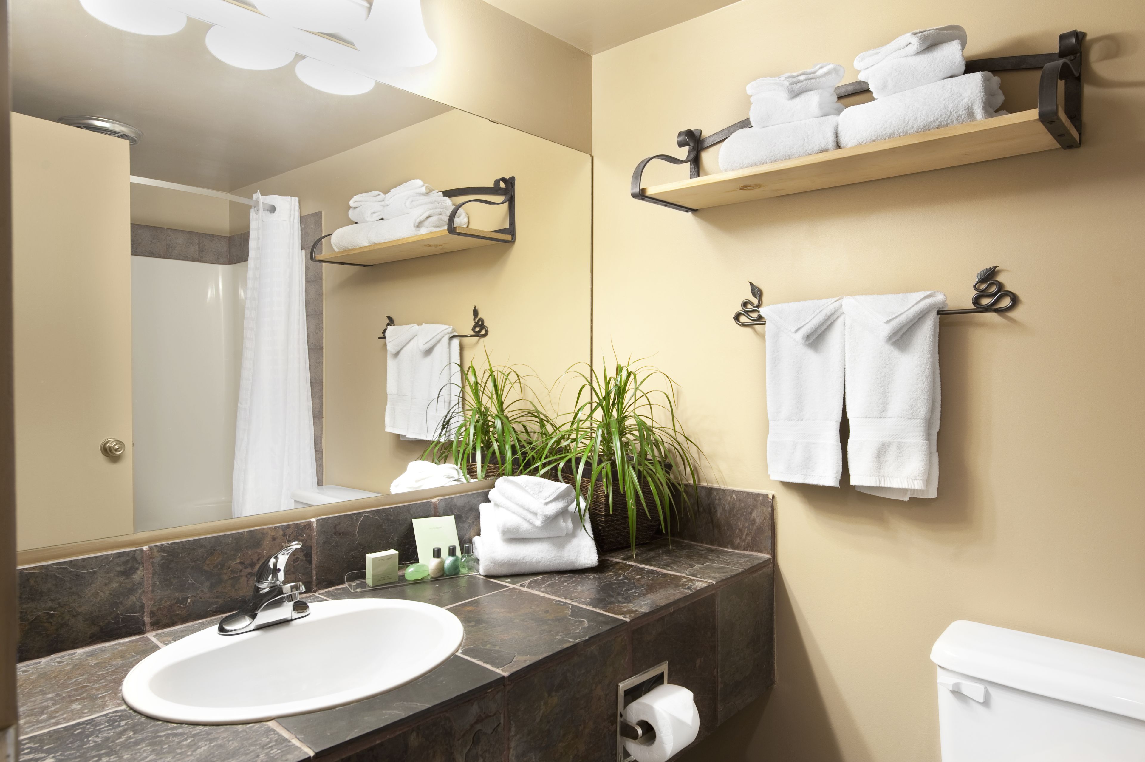 Un baño con lavabo, espejo, toalleros y retrete.