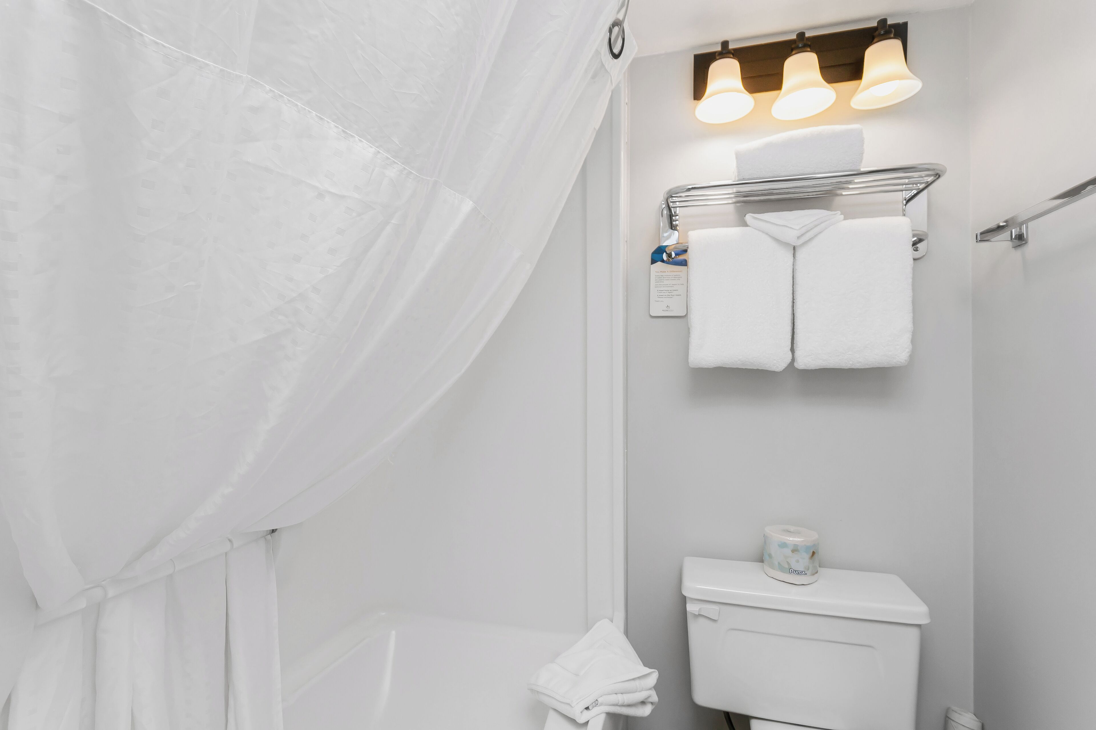 Un baño con cortina de ducha, un perchero con dos toallas, un inodoro y una lámpara fijada a la pared.