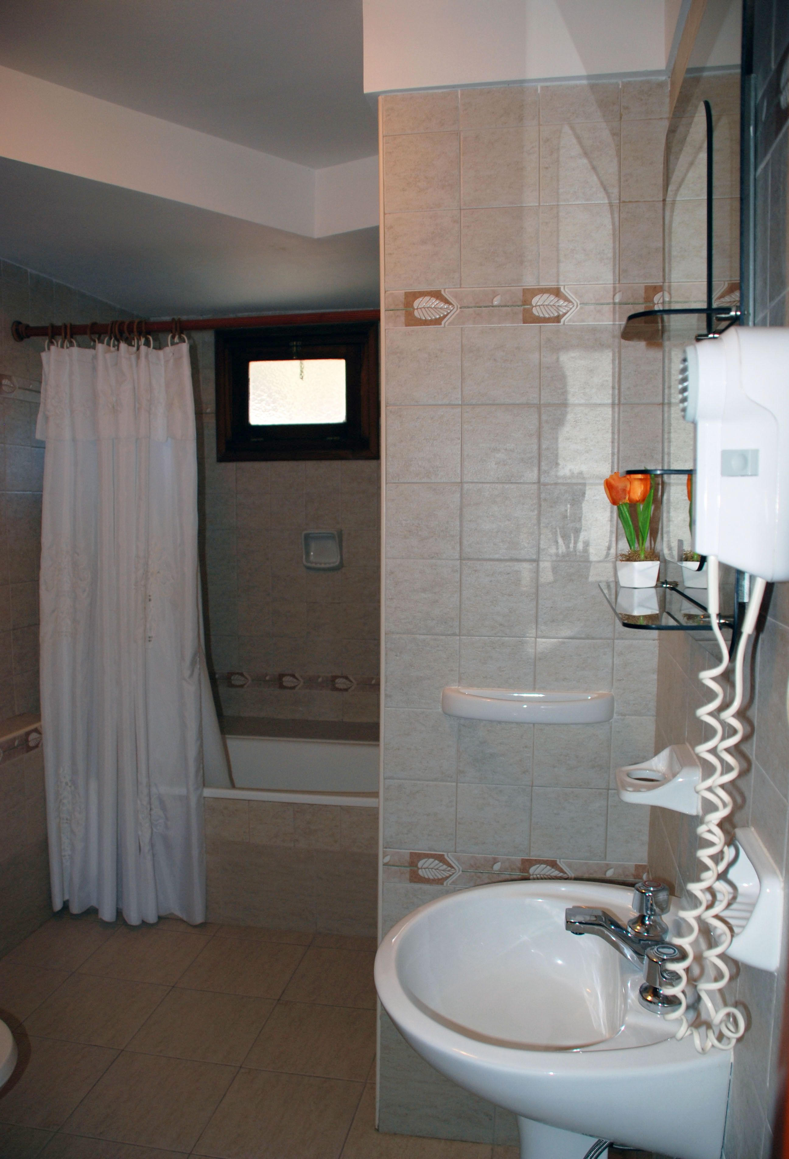 A bathroom with a shower curtain, a sink, a mirror, and a hairdryer.